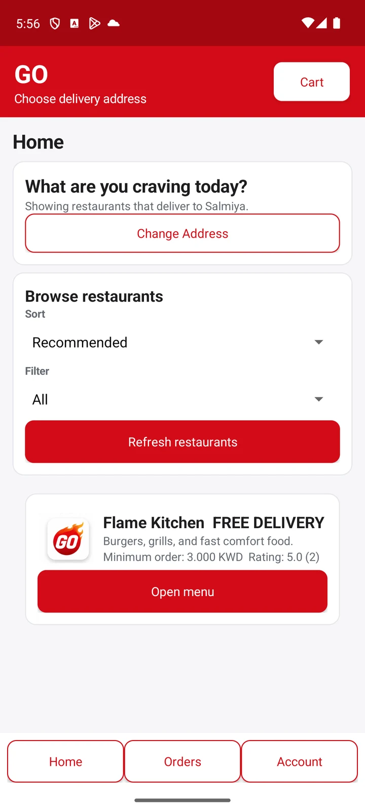 The GO app home screen showing delivery address and restaurant browsing