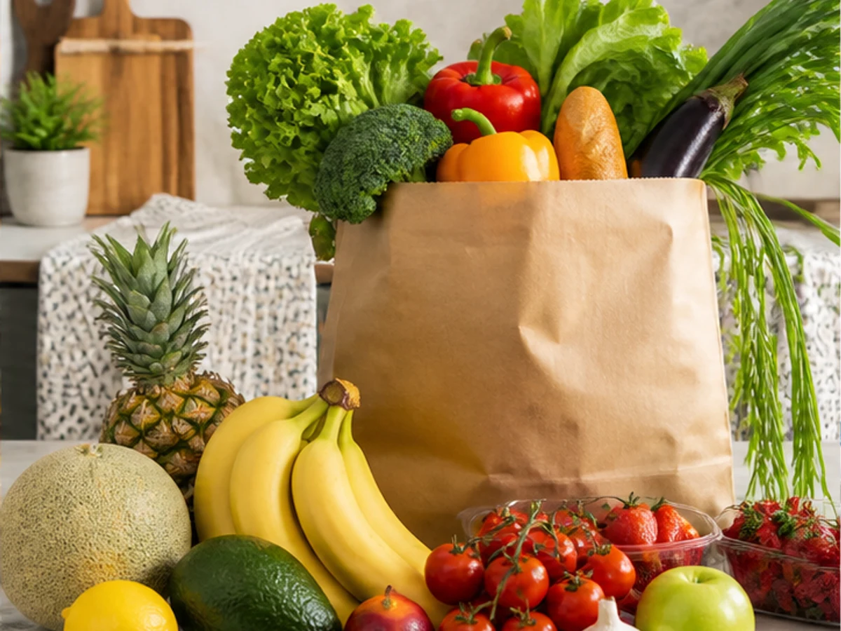A grocery bag surrounded by fresh fruit and vegetables