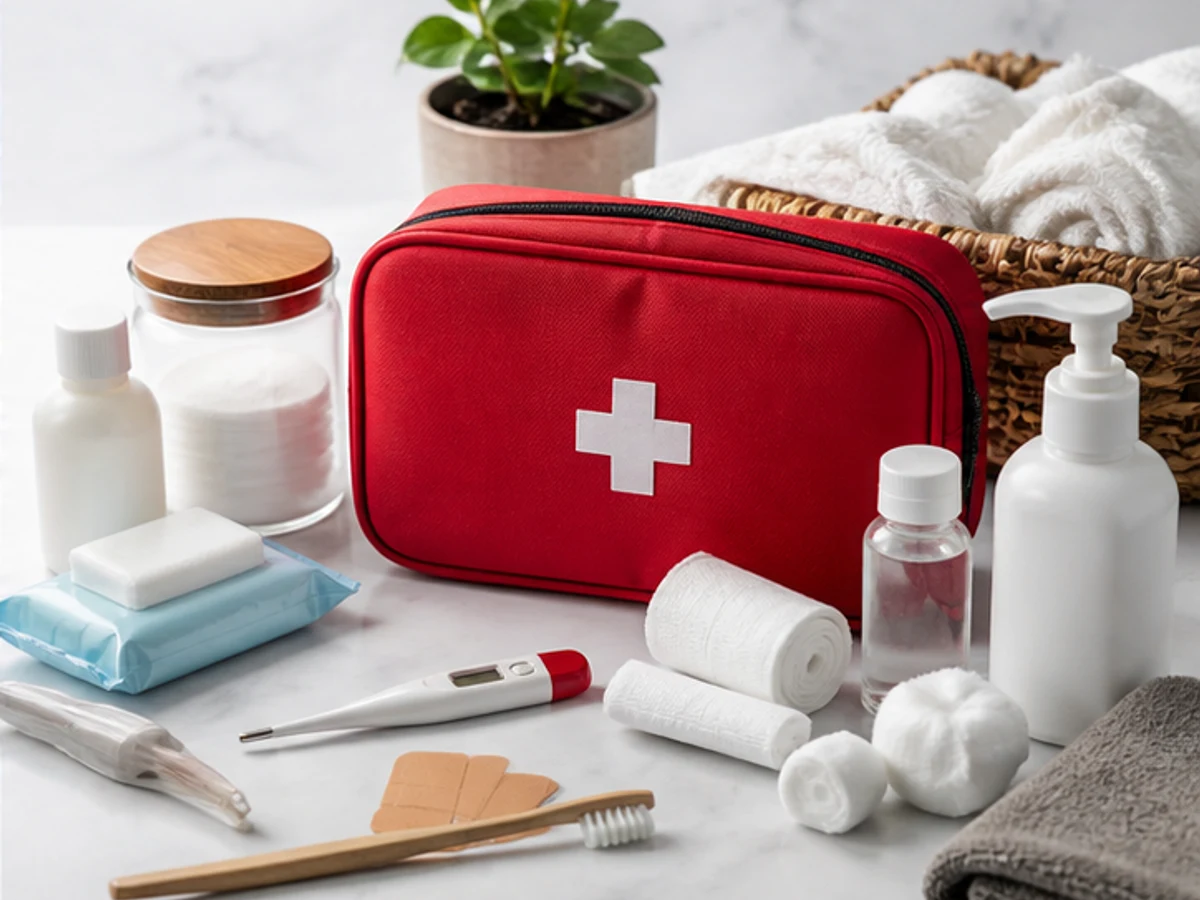 A clean arrangement of generic first-aid and wellness essentials
