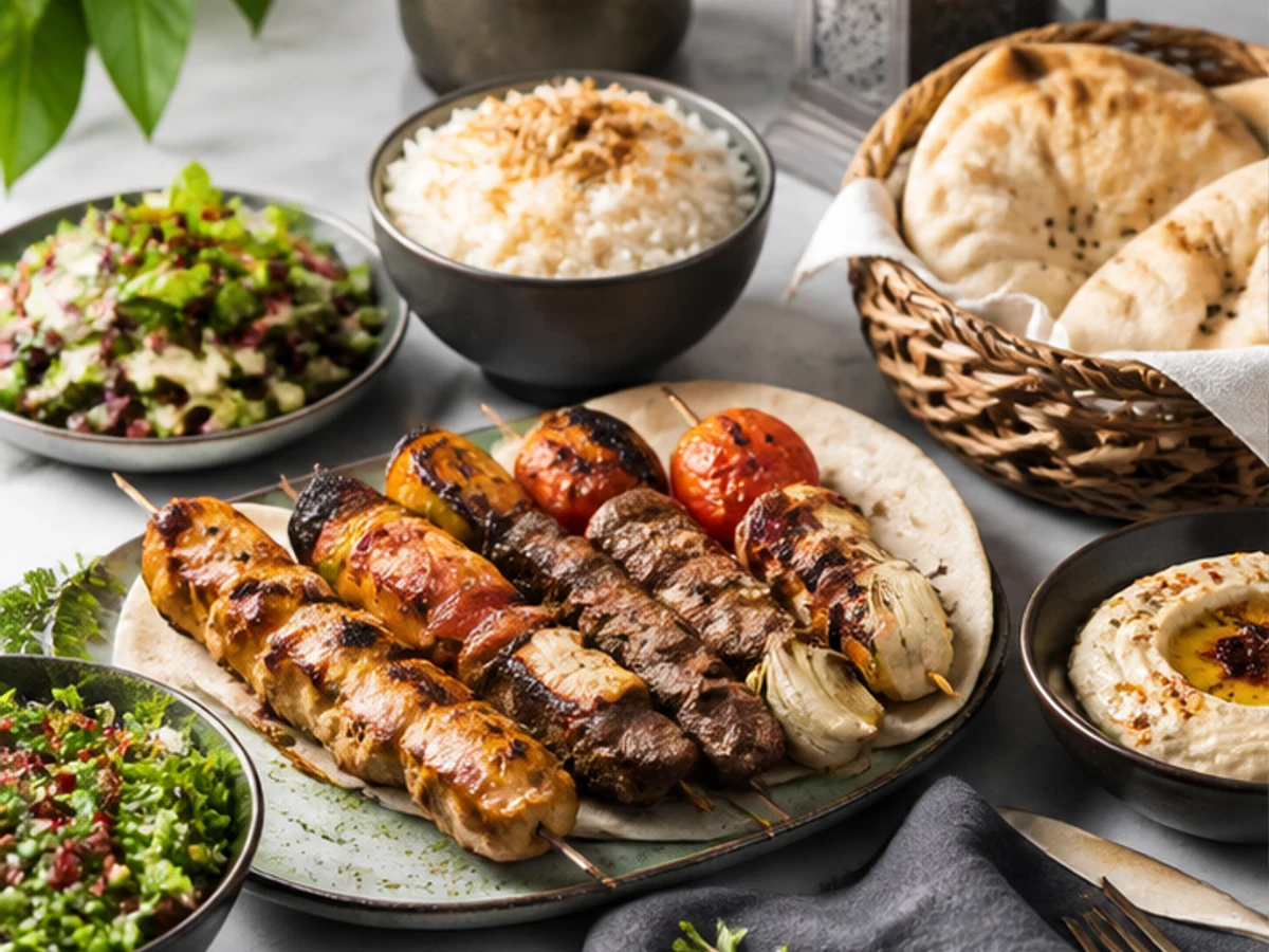 A restaurant meal with grills, rice, salads, and fresh bread