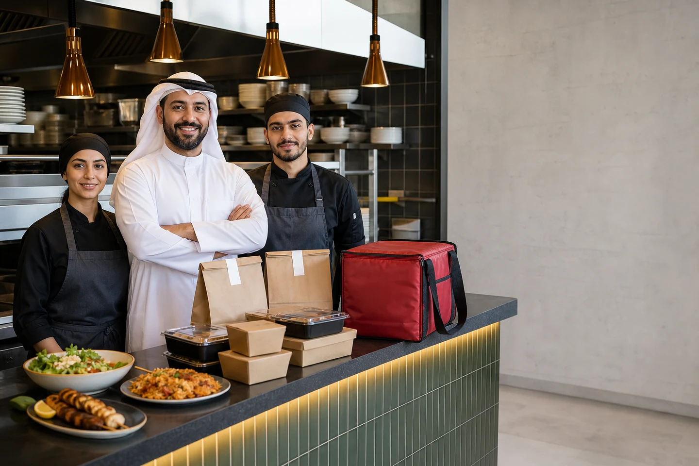 A local restaurant team with prepared delivery orders